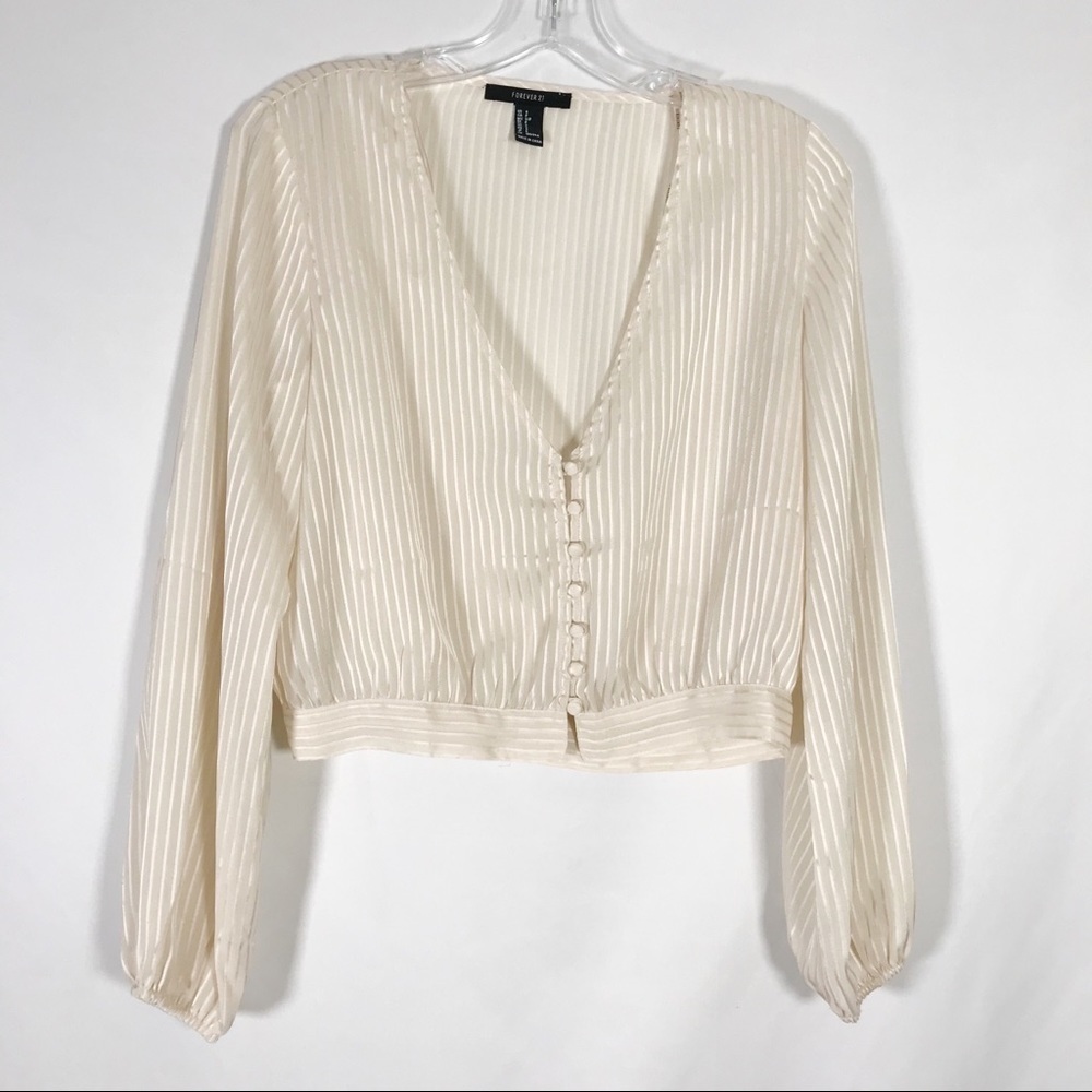 Forever 21 Sheer Cream v neck Button-Down Vneck Top, Blouse Size M